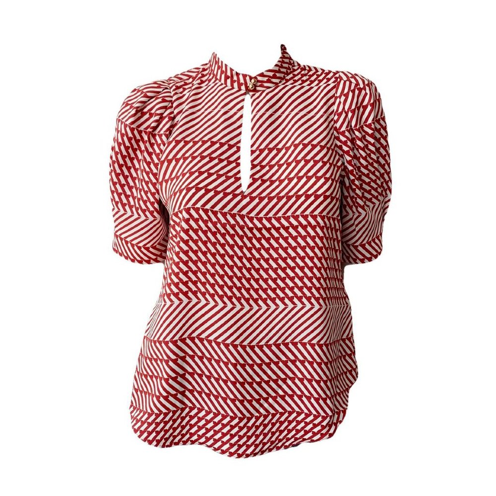 Joie Enida Keyhole Short Sleeve Puff Half Sleeve Blouse Top Red Abstract Shirt S